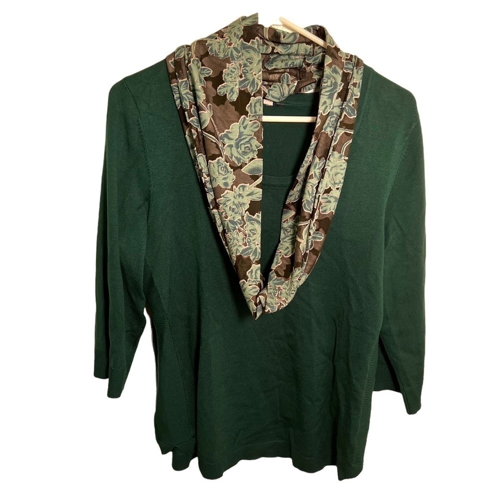 Notations Women's Crewneck Sweater Green 3/4 Sleeve Removable Scarf Gray Blue